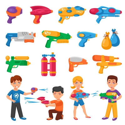 Water pistols for children set with water fights symbols flat isolated vector illustration