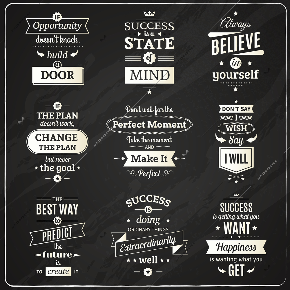 Set of success motivational and philosophical quotes chalkboard isolated emblems making in fashioned font vector illustration