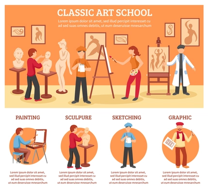 Classic art infographic set with painting and sculpture flat vector illustration