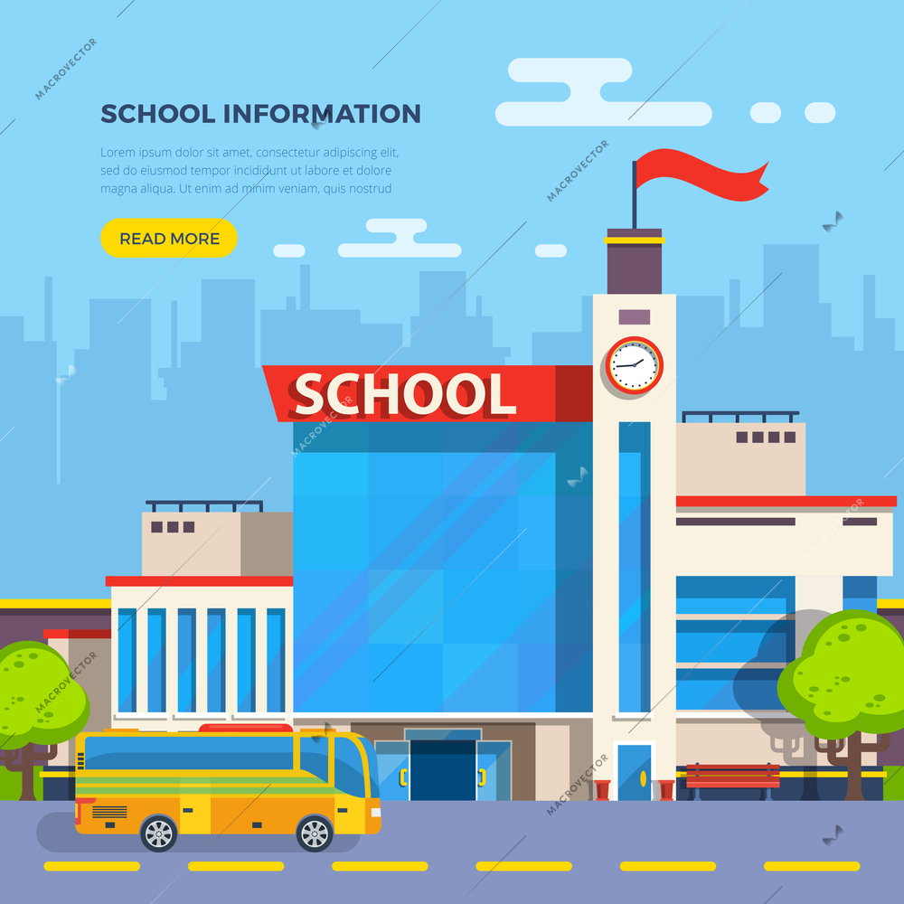 School building and school bus on cityscape background flat vector illustration