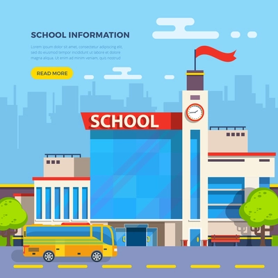 School building and school bus on cityscape background flat vector illustration