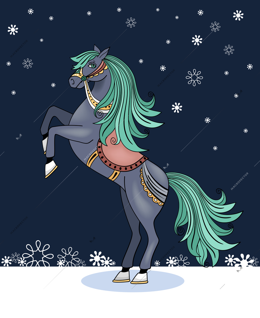 Prancing horse on winter snow vector illustration