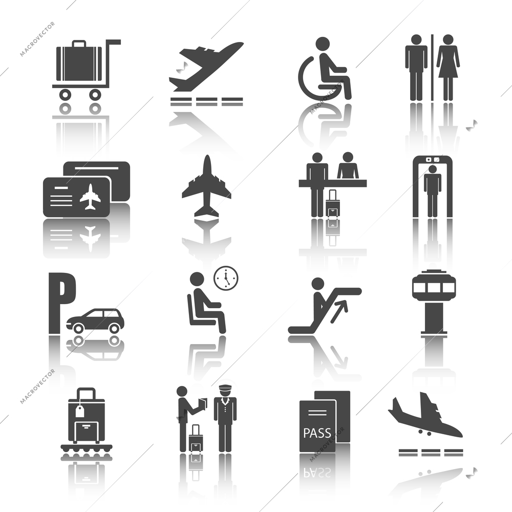 Black flat shadowed airport travel icons set with airplane luggage passenger isolated vector illustration