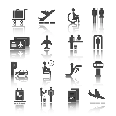 Black flat shadowed airport travel icons set with airplane luggage passenger isolated vector illustration