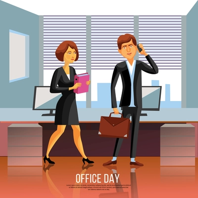 Cartoon style poster of business man and woman in black suit and dress in office vector illustration