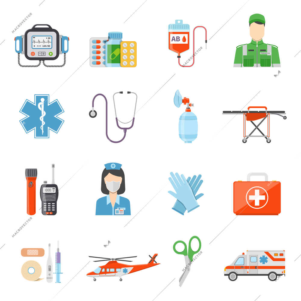 Paramedic flat colored decorative icons set with  medicine chest device for pressure measuring handcart on wheels isolated vector illustration