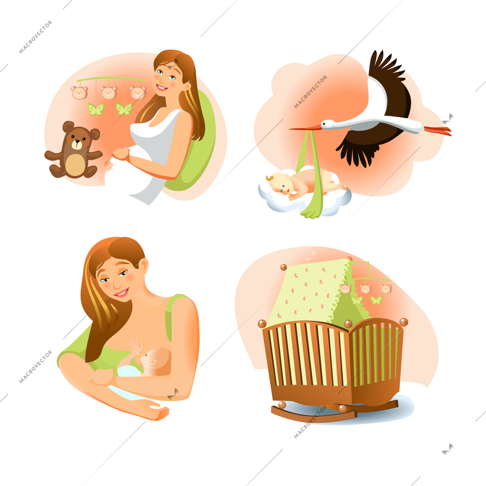 Baby birth images set of pregnant woman stork with child crib mother and baby flat isolated vector illustration