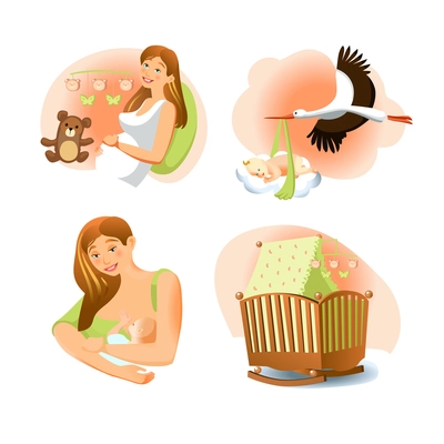 Baby birth images set of pregnant woman stork with child crib mother and baby flat isolated vector illustration