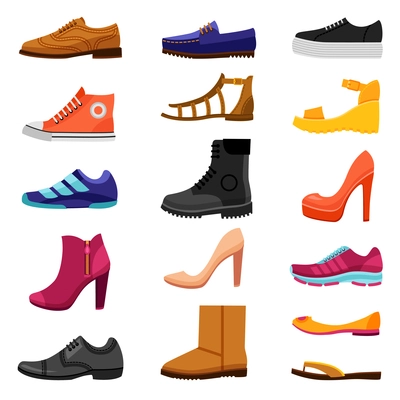 Footwear flat colored icons set of male and female shoes boots sandals for different seasons isolated vector illustration