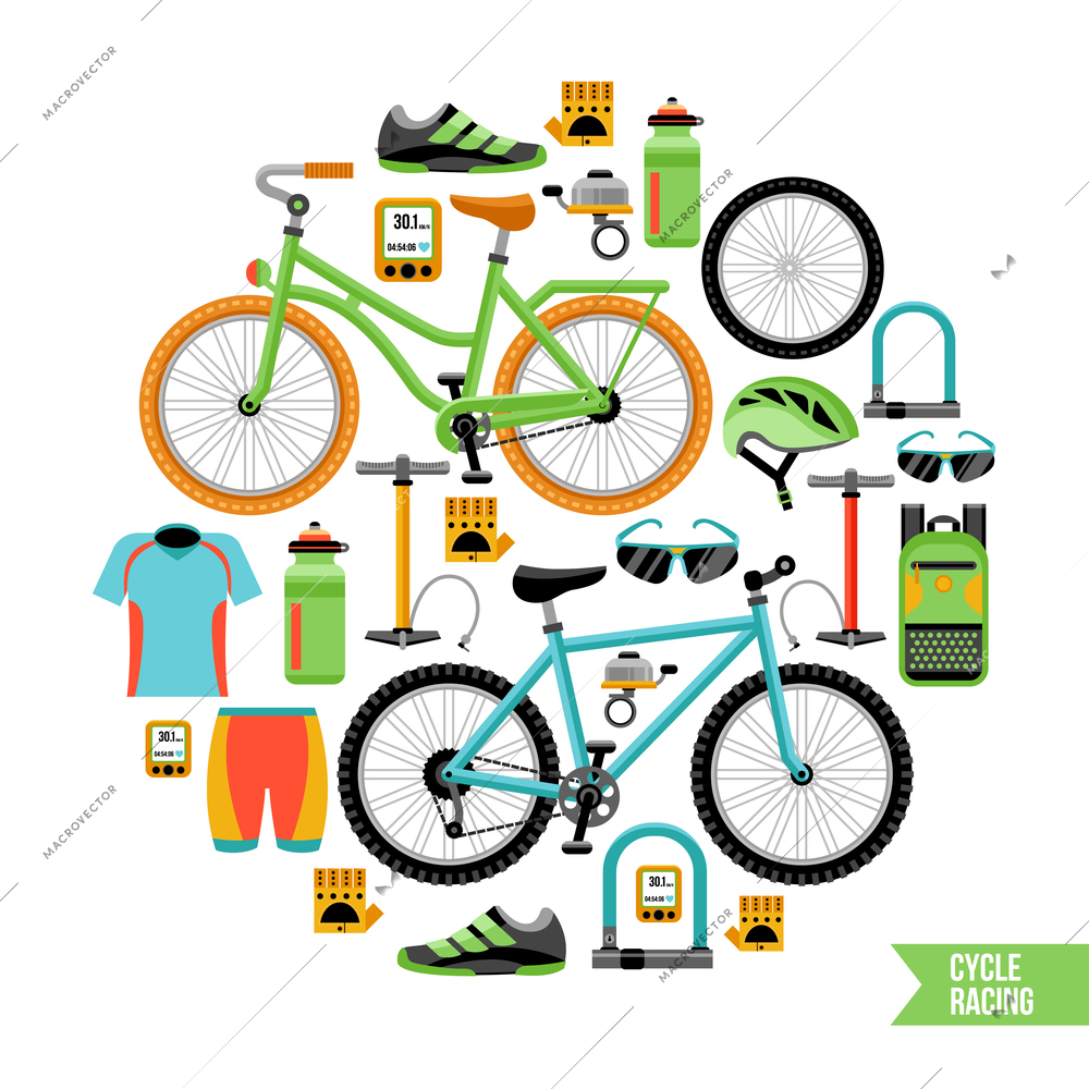 Bicycle and biker accessories icons composition in circle design with cycle racing description flat vector illustration