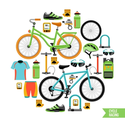 Bicycle and biker accessories icons composition in circle design with cycle racing description flat vector illustration