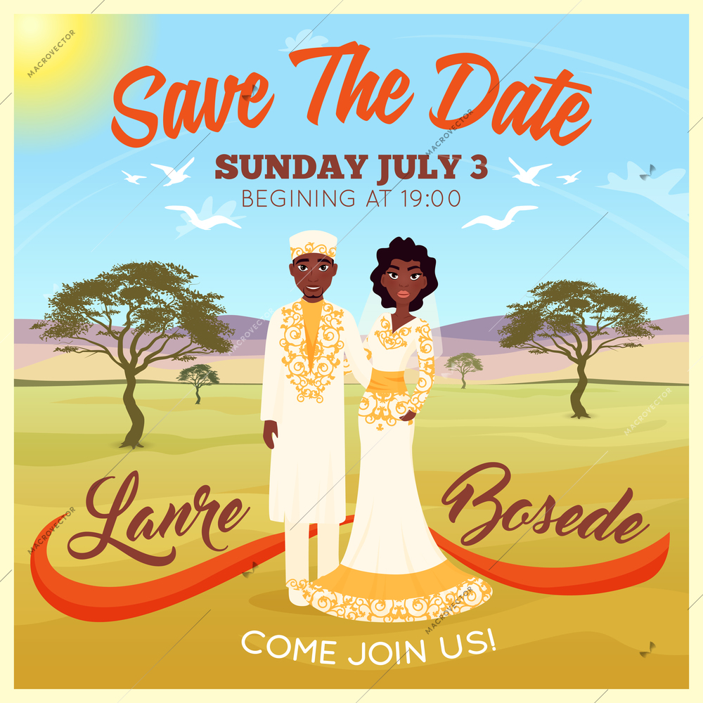 Africans wedding couple on desert background invitation poster flat vector illustration