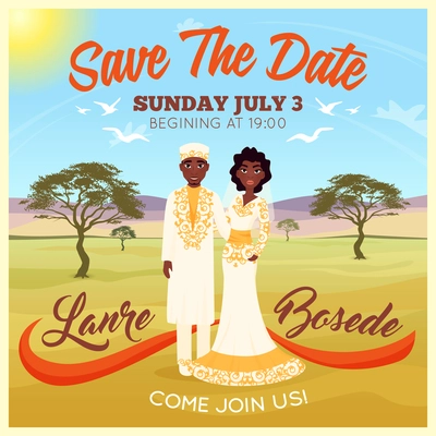 Africans wedding couple on desert background invitation poster flat vector illustration