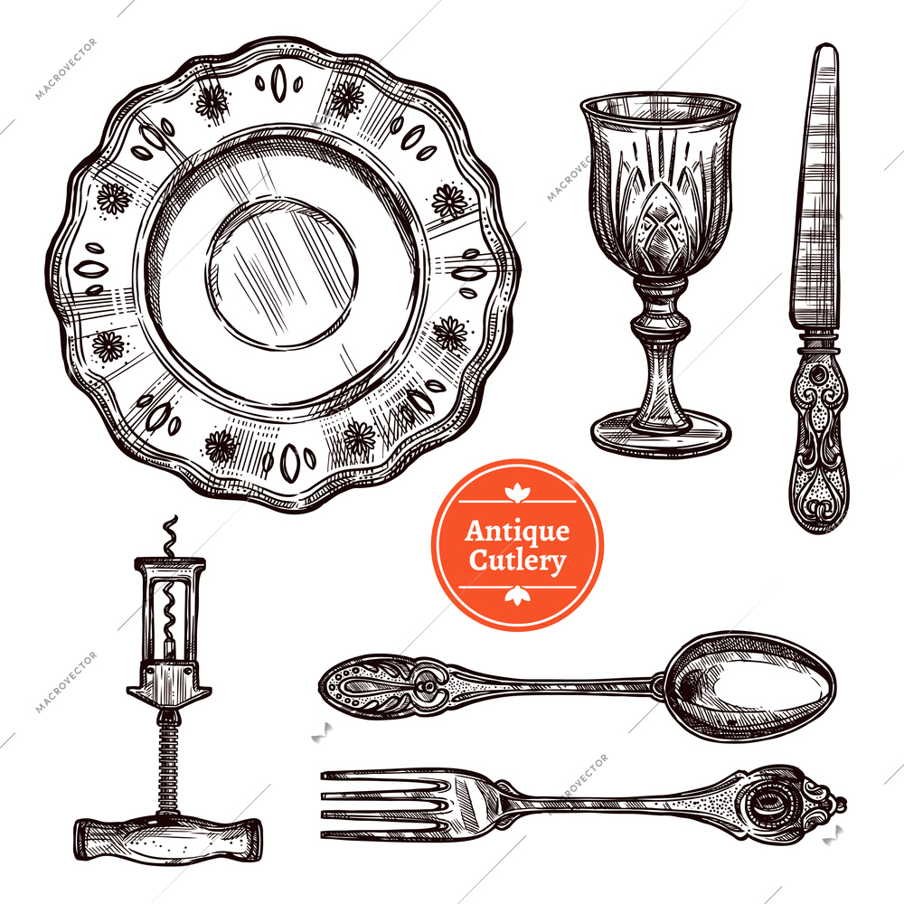 Hand drawn antique silver cutlery set with vintage spoon fork plate glass and knife isolated vector illustration