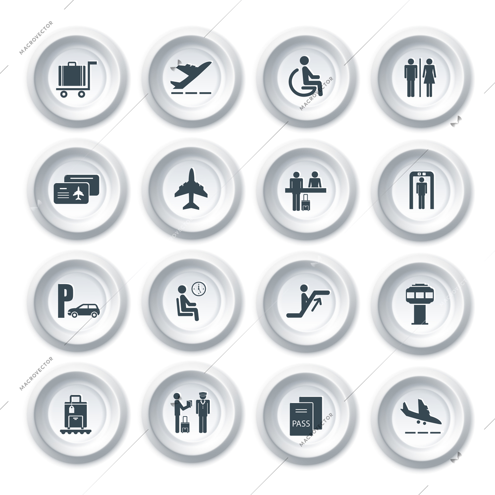 Business airport travel button icons set with plane security check baggage control isolated vector illustration