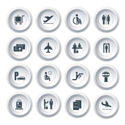 Business airport travel button icons set with plane security check baggage control isolated vector illustration