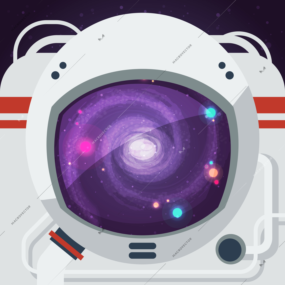 Astronaut wearing space helmet looking at cosmos on background with starry sky flat vector illustration