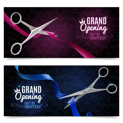 Grand opening realistic horizontal banners set with scissors and ribbon isolated vector illustration