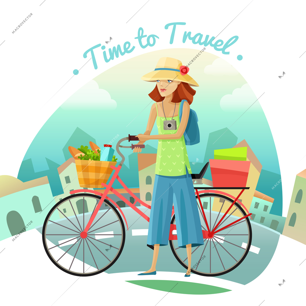 Time to travel cartoon concept with woman city and bike vector illustration