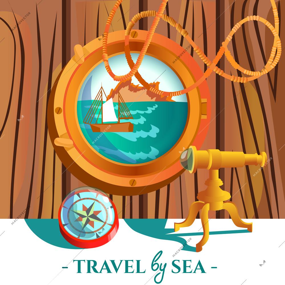 Travel by sea nautical poster of sea with rock and sailboat in porthole compass and spyglass vector illustration