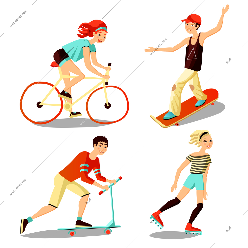 Images people mini set of young riders including roller skateboarder bicyclist scooter cartoon isolated vector illustration