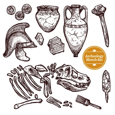 Archeology hand drawn sketch set of paleontological and archaeological ancient finds isolated vector illustration