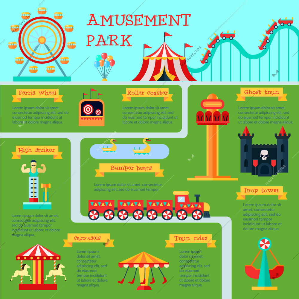 Amusement park infographic set with family fun symbols flat vector illustration