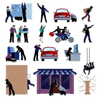 Armed burglars committing crimes flat icons set on white background isolated vector illustration