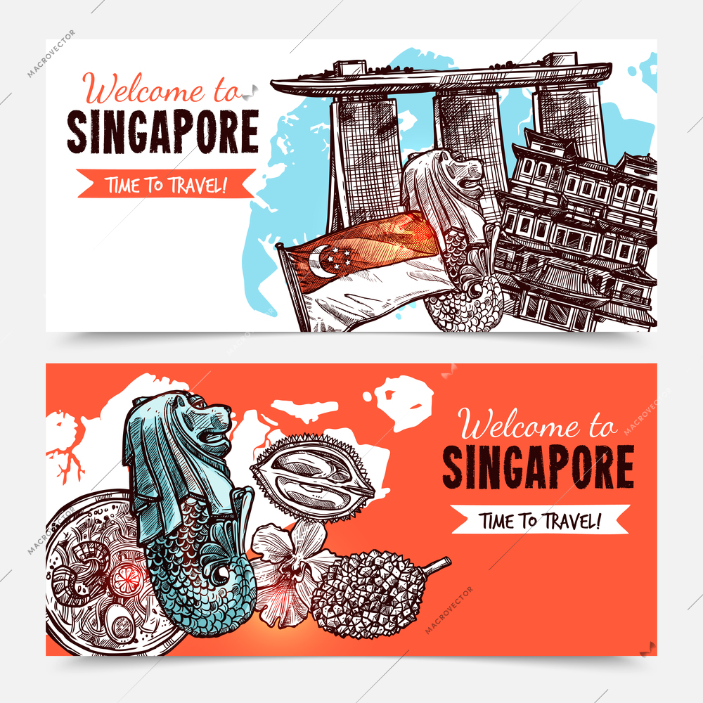 Singapore hand drawn sketch banners with hotel marina bay sands merlion and orchid images vector illustration