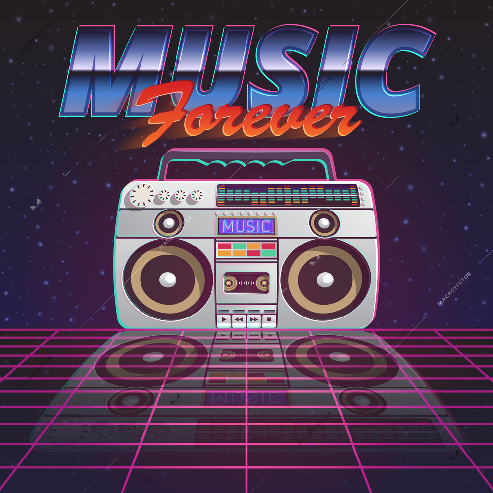 Music forever poster with retro tape recorder on glassy floor on starry sky background flat vector illustration