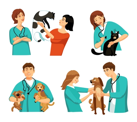 People veterinary set with veterinary doctor nurse clients dogs and cats flat isolated vector illustration