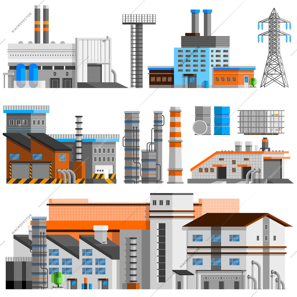 Industrial buildings orthogonal set with pipes flat isolated vector illustration