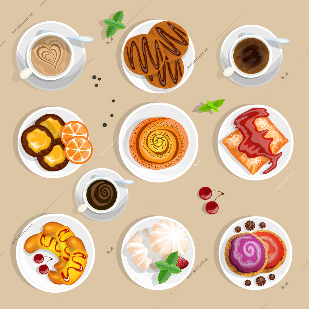 Pastry Top View Set. Coffee And Sweets Vector Illustration. Confectionery Cartoon Symbols. Coffee And Sweets  Design Set. Sweet Pastry Isolated Set.