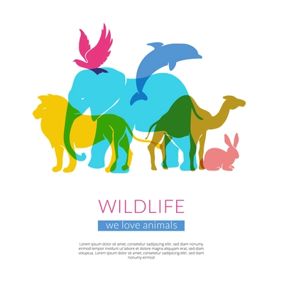 Wildlife animals and birds flat colorful silhouettes composition poster with elephant lion eagle and camel vector illustration