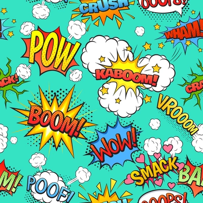 Comics speech and exclamations boom wow bubbles clouds seamless pattern with bright green background abstract vector illustration