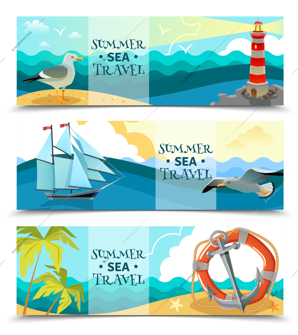 Nautical horizontal banners set of sea background with sailboat life ring palm trees on uninhabited island design elements flat vector illustration