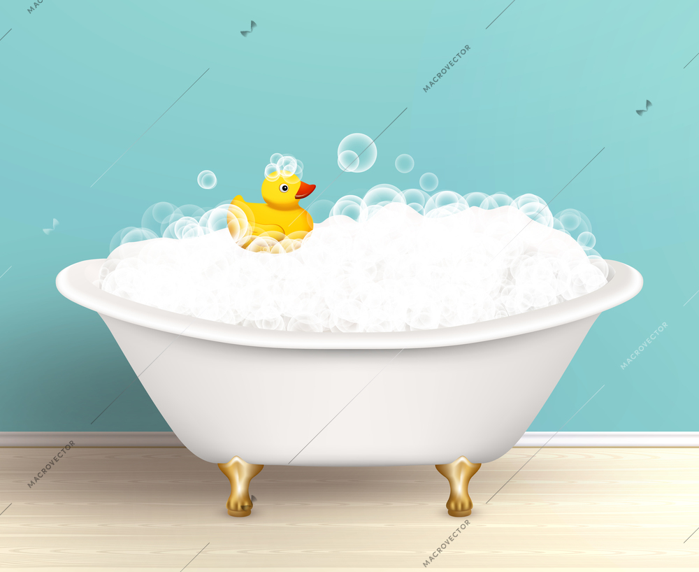 Bathtub cast a shadow on bathroom poster with foam and yellow rubber duck colored vector illustration