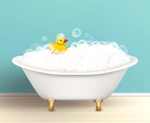 Bathtub cast a shadow on bathroom poster with foam and yellow rubber duck colored vector illustration