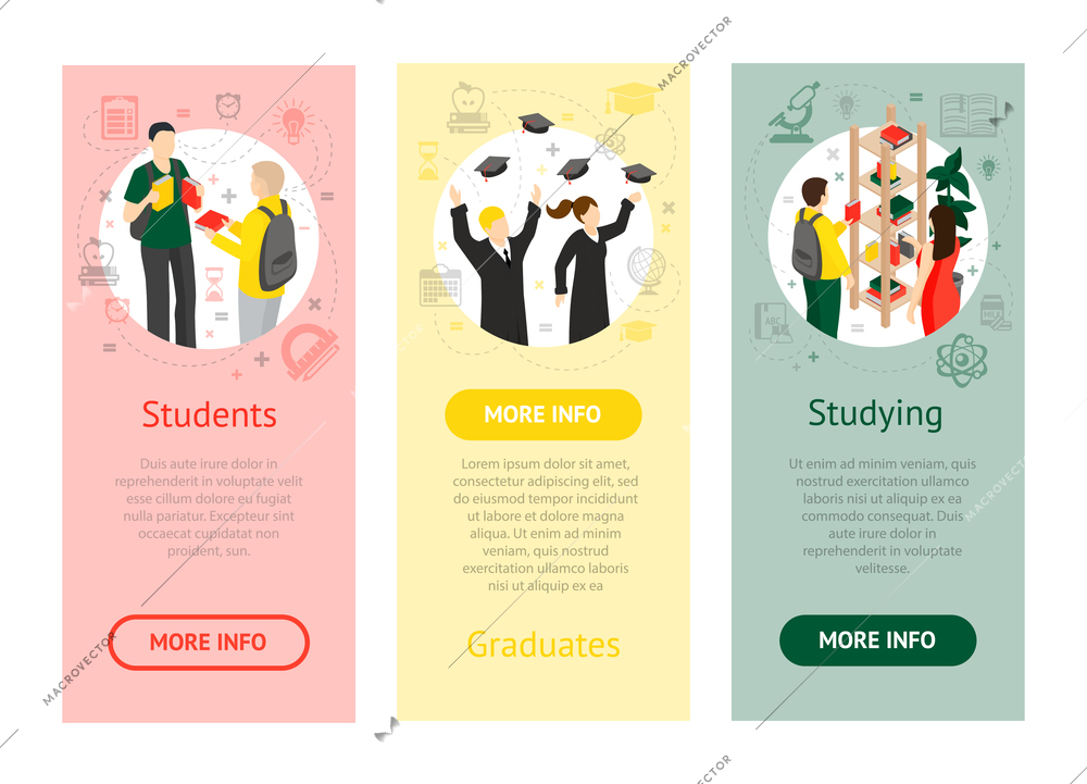 College university isometric vertical banners with students graduates and students in library on colorful backgrounds isolated vector illustration