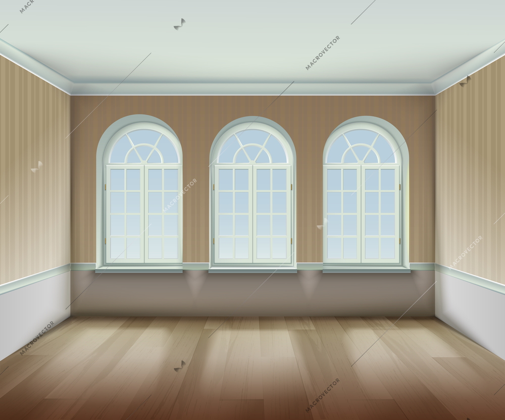 Room With  Arched Windows Background. Interior With Arched Windows Vector Illustration. Arched Windows Design. Room Interior Realistic  Decorative Illustration.