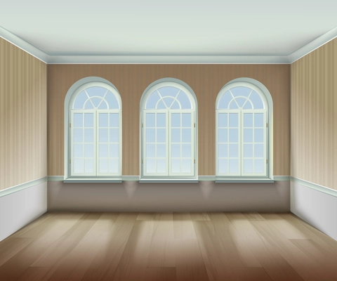 Room With  Arched Windows Background. Interior With Arched Windows Vector Illustration. Arched Windows Design. Room Interior Realistic  Decorative Illustration.