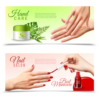 Professional hand care beauty salon 2 realistic banners with natural bio active moisturizing cream treatment isolated vector illustration