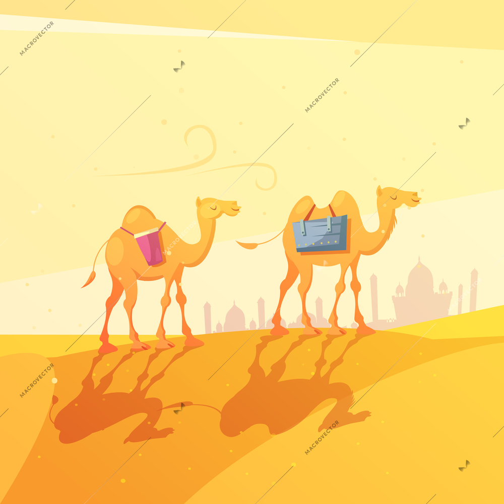 Color cartoon illustration depicting camel in desert ramadan kareem vector illustration