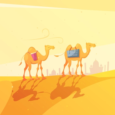 Color cartoon illustration depicting camel in desert ramadan kareem vector illustration