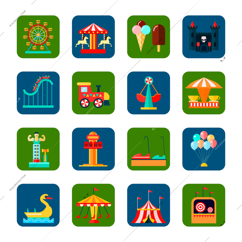 Amusement park square icons set with weekend symbols flat isolated vector illustration