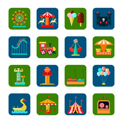 Amusement park square icons set with weekend symbols flat isolated vector illustration