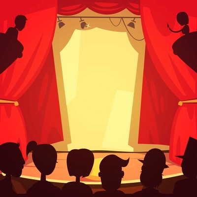 Color cartoon illustration depicting theatre scene and silhouettes people in front of stage vector illustration