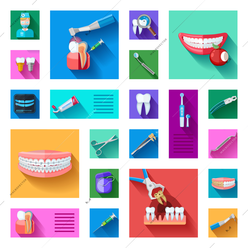 Different colorful dentist icons set with teeth examination treatment and equipment for care and treatment on white background flat isolated vector illustration