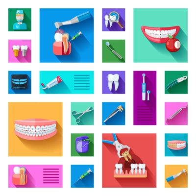 Different colorful dentist icons set with teeth examination treatment and equipment for care and treatment on white background flat isolated vector illustration