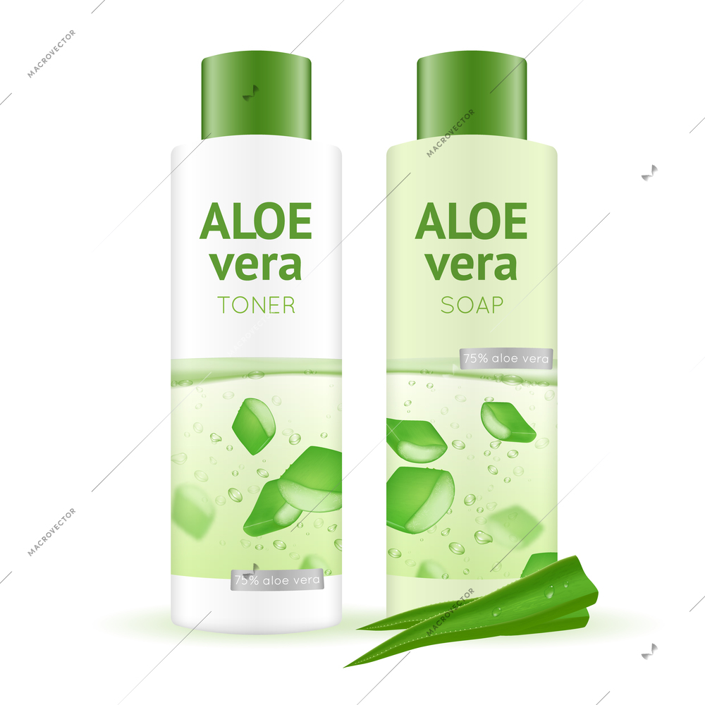 Leaves and bottles with aloe vera water toner and soap on white background realistic vector illustration